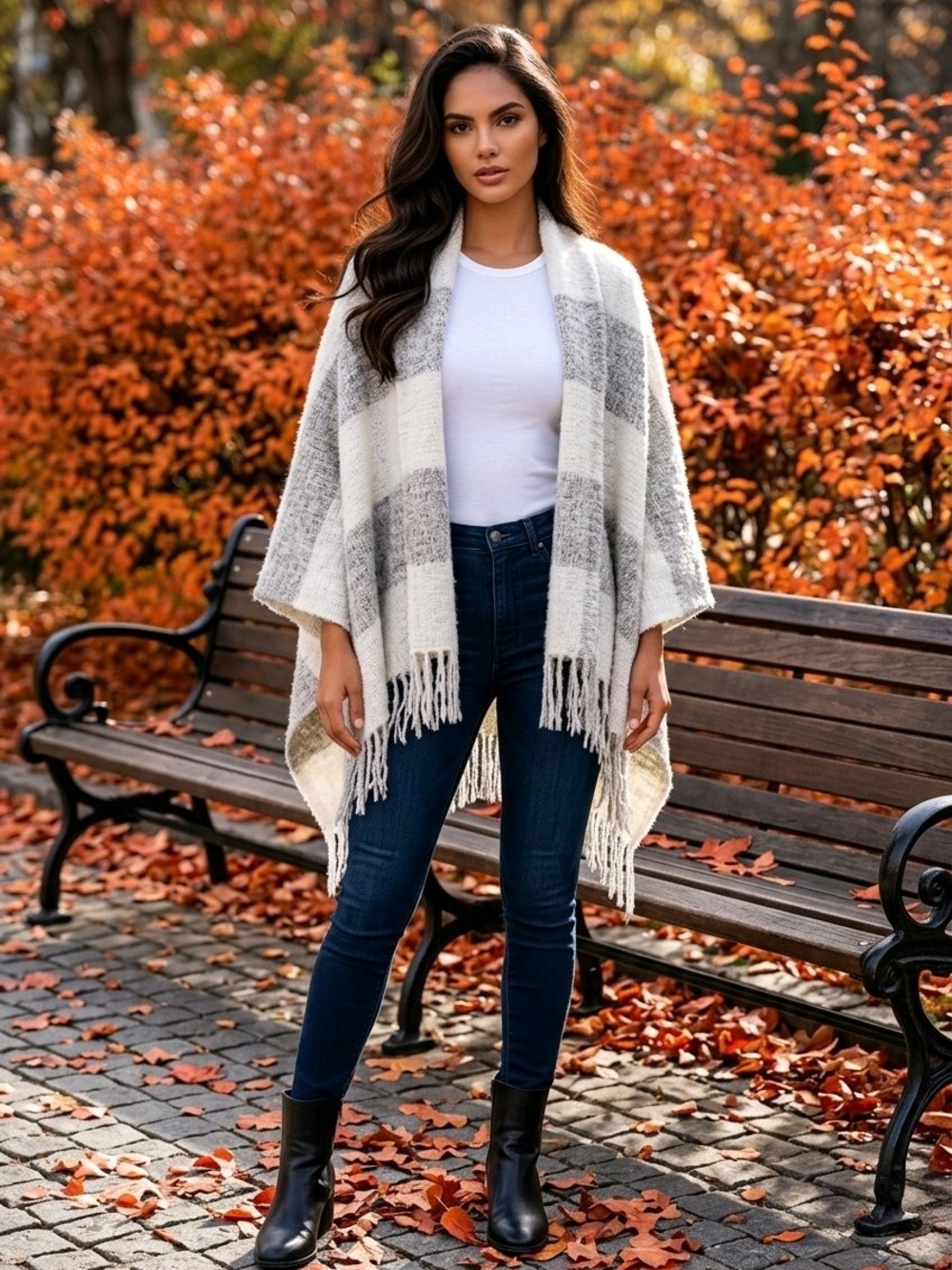 Plaid Fringe Knit Wrap - Cream & Gray